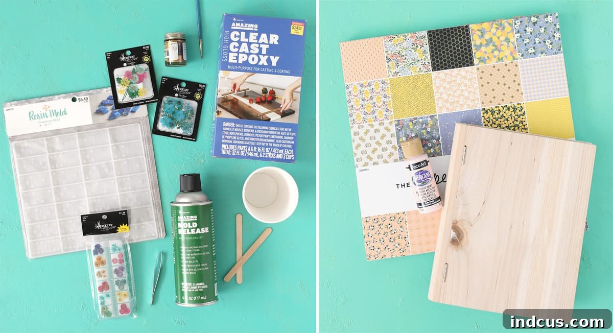 Array of crafting materials laid out for making DIY resin dominoes, including epoxy resin, silicone mold, pressed flowers, and paints.