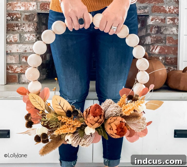 split wood bead ball wreath for fall