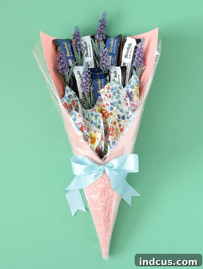 Finished gift bouquet made from protein bars, showcasing creative and personalized gift presentation