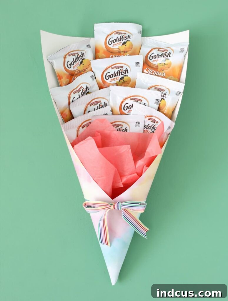 DIY snack bouquet tutorial featuring a vibrant assortment of snack-sized chip bags