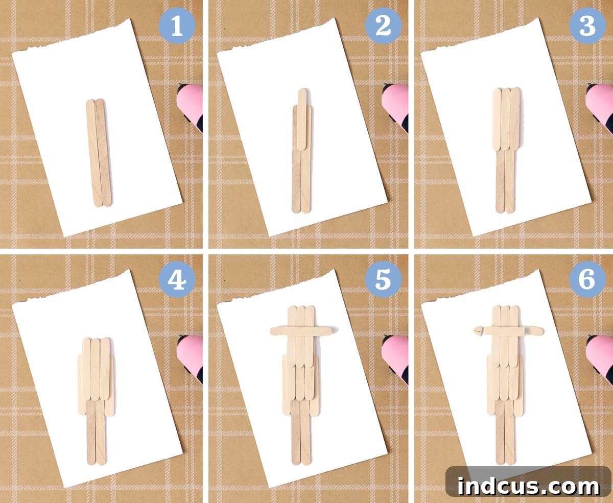 Detailed guide on how to glue popsicle sticks to form scarecrow body