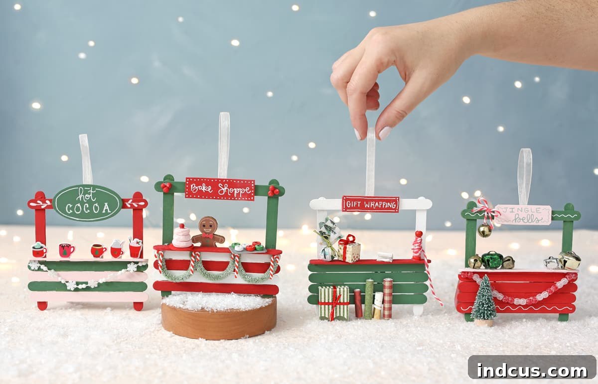 Delightful popsicle stick Christmas market ornaments on a festive background