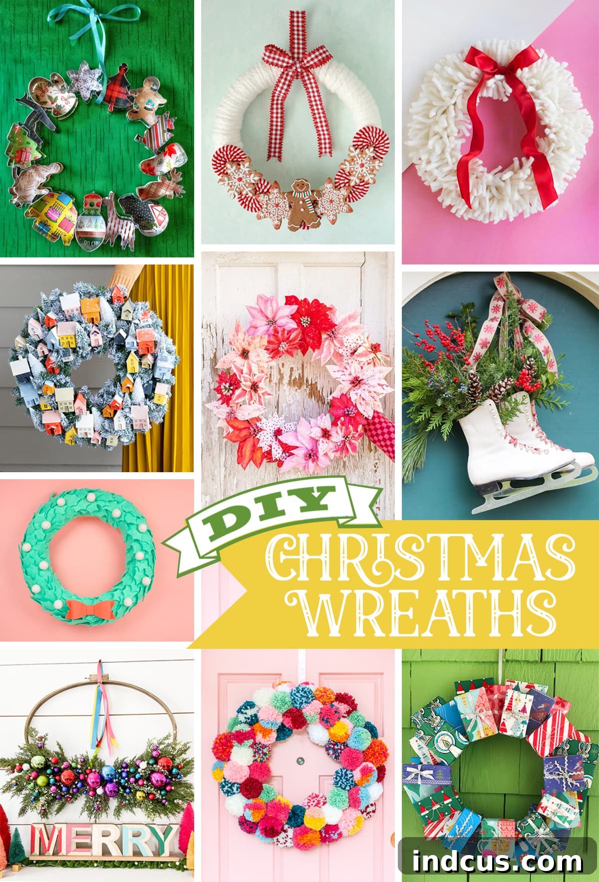 Pinterest graphic featuring a collection of DIY Christmas wreath ideas