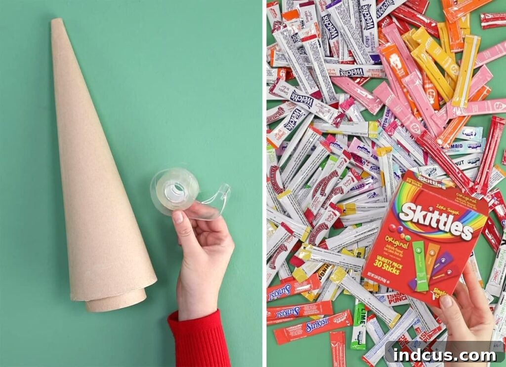 Various craft supplies laid out for making a drink packet Christmas tree.