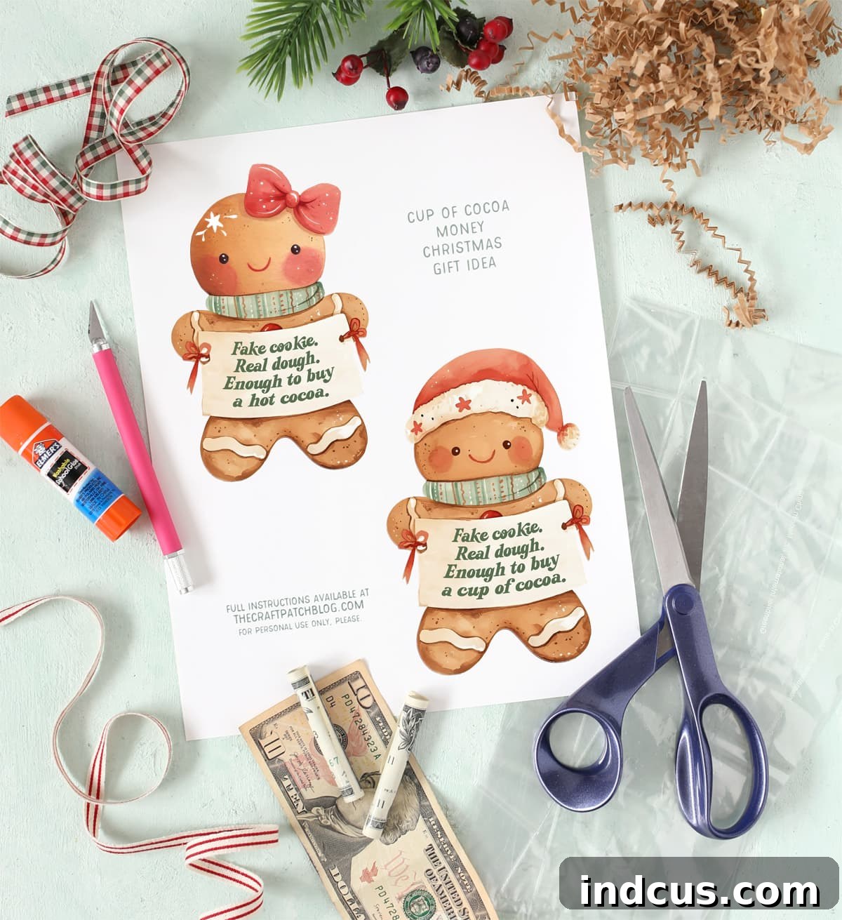 Materials needed for DIY gingerbread cookie money gift craft