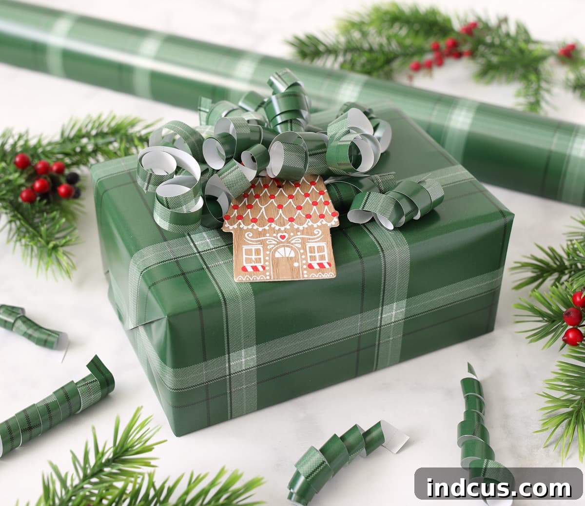 Close-up of a DIY curly gift bow made from wrapping paper scraps