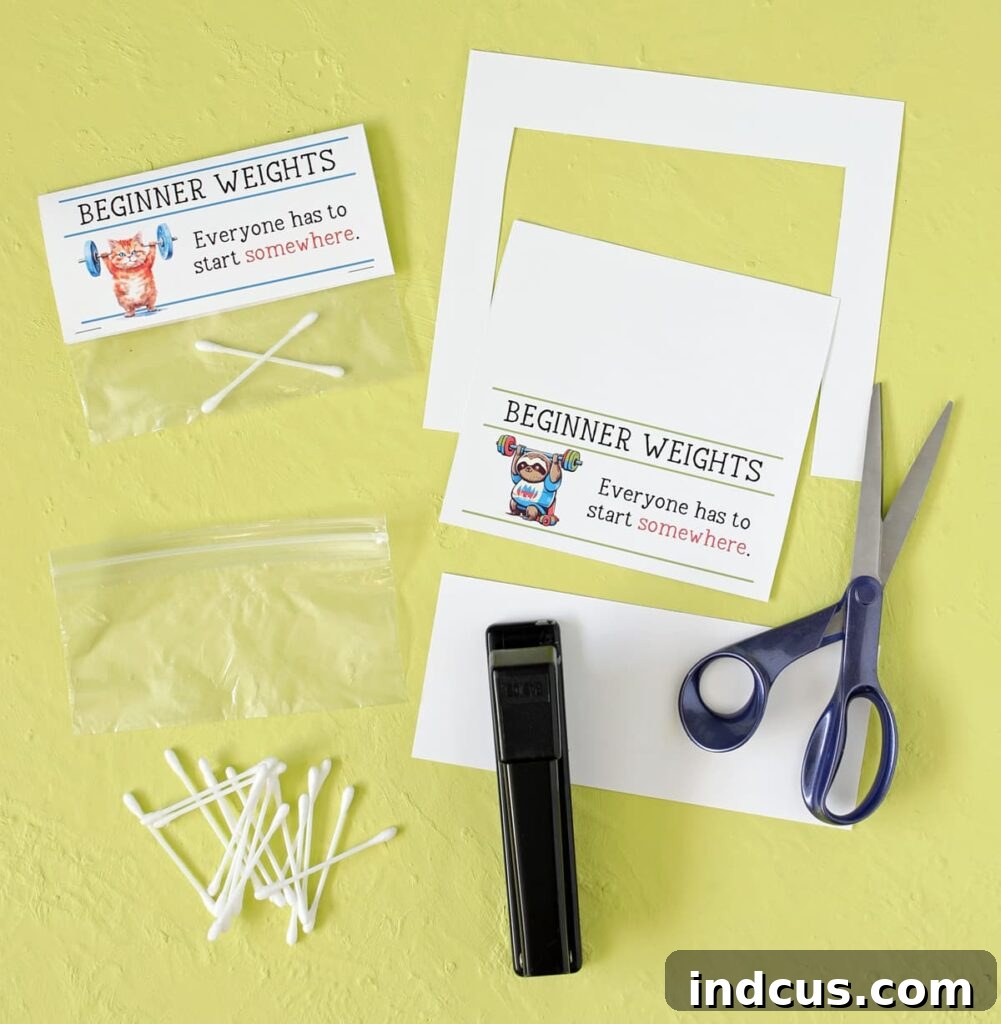 Beginner Weights white elephant gift supplies needed: printable, zip bag, cotton swabs, stapler