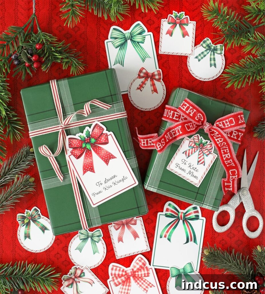 Festive Bow Gift Tags 2 Delightful bow-themed Christmas printable gift tags for festive wrapping