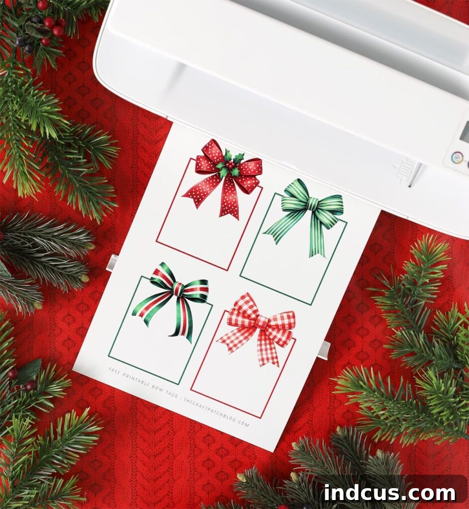 Festive Bow Gift Tags 3 Collection of free printable Christmas gift tags featuring festive bows