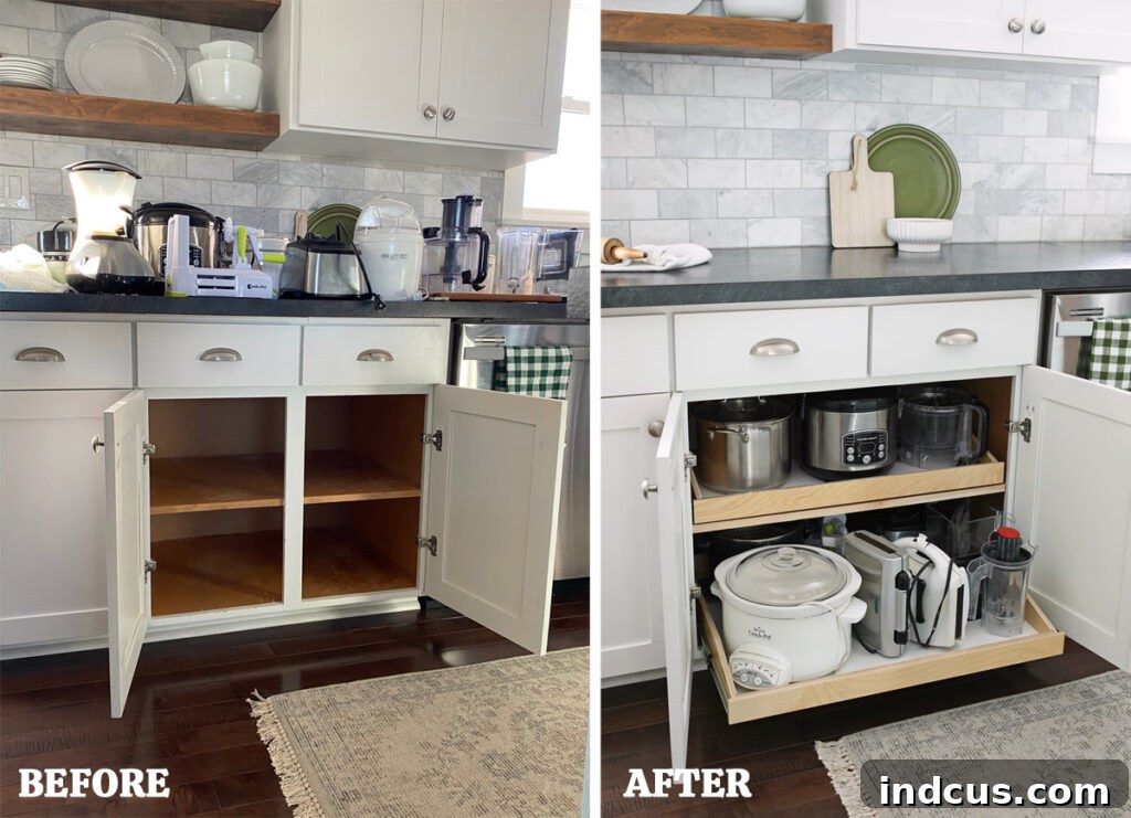 Side-by-side comparison of kitchen cupboard before and after installing pull out drawers