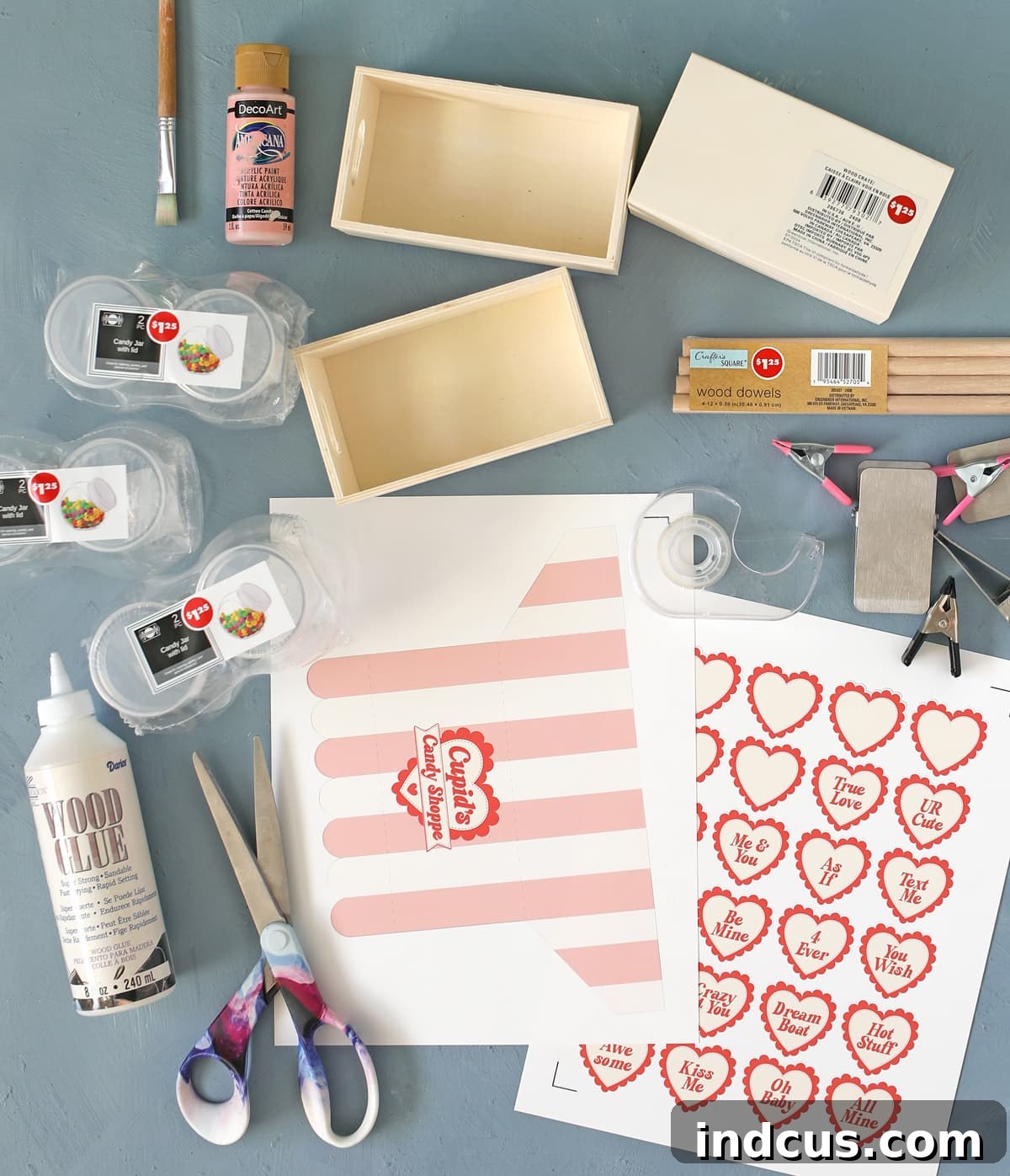 Essential materials needed to craft the Cupid's Candy Shoppe from Dollar Tree.
