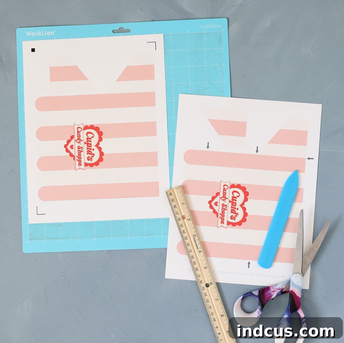 Two versions of the printable awning design for Cupid's Candy Shoppe.