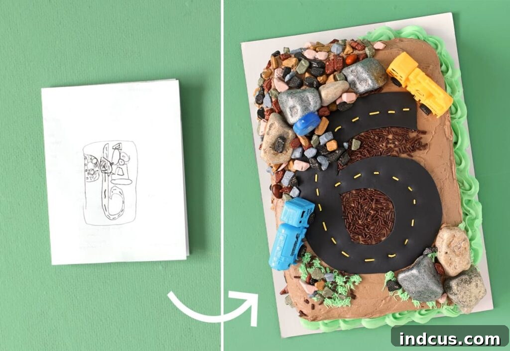 Building a Birthday Bash 6 Comparison of child's drawing and the finished construction birthday cake side-by-side