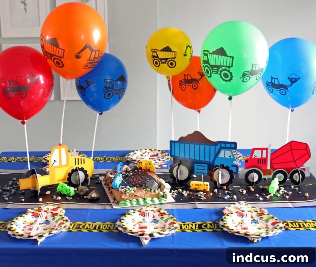 Building a Birthday Bash 8 Overall view of a construction themed birthday party table with cake and decorations
