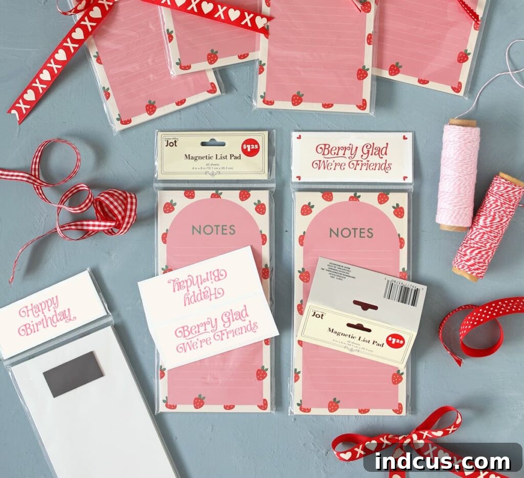 A custom magnetic list pad adorned with a festive birthday-themed tag, making it a perfect personalized present for friends.