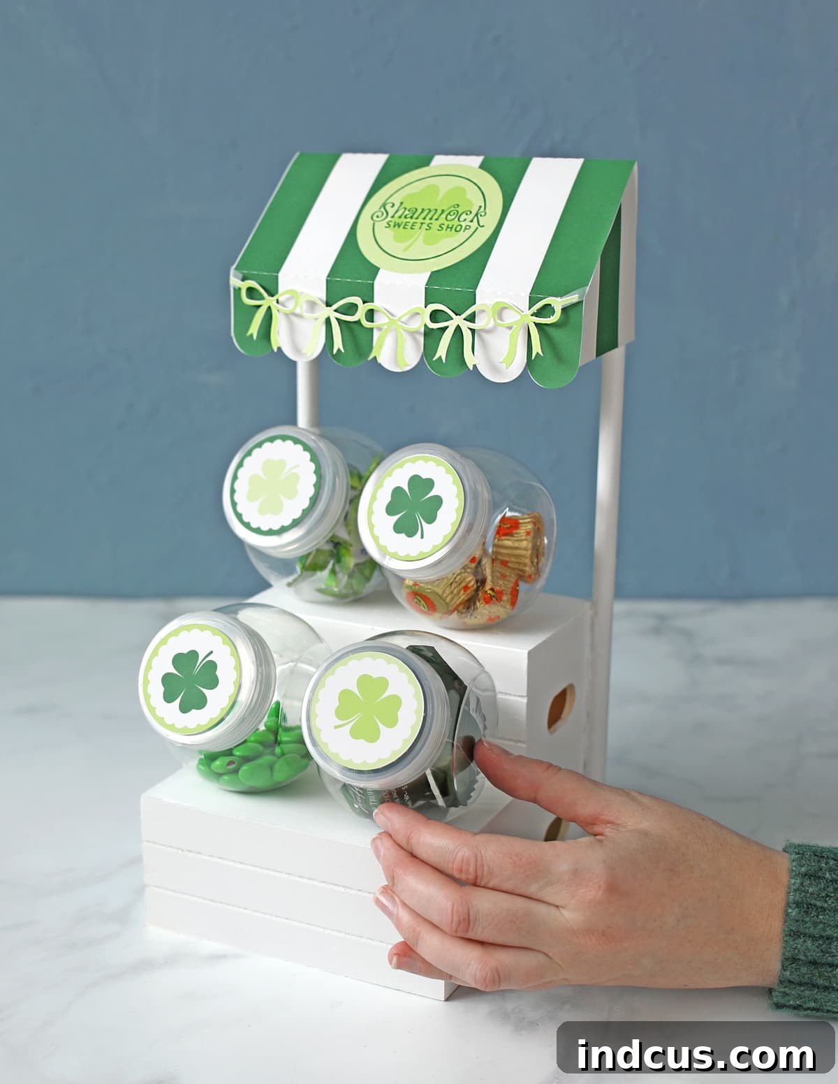 final shamrock shop candy display with treats for st. patrick's day