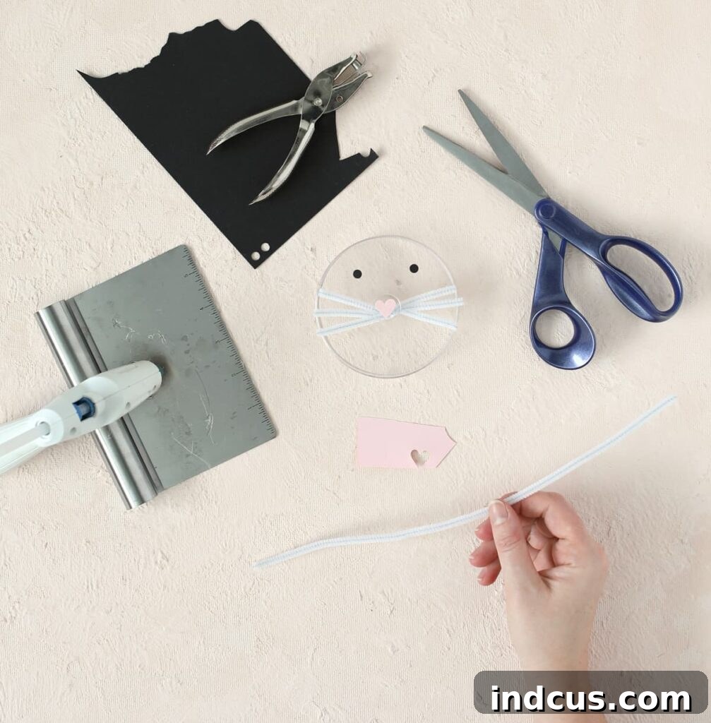 Craft an expressive bunny face on the candy jar lid with whiskers, eyes, and nose.
