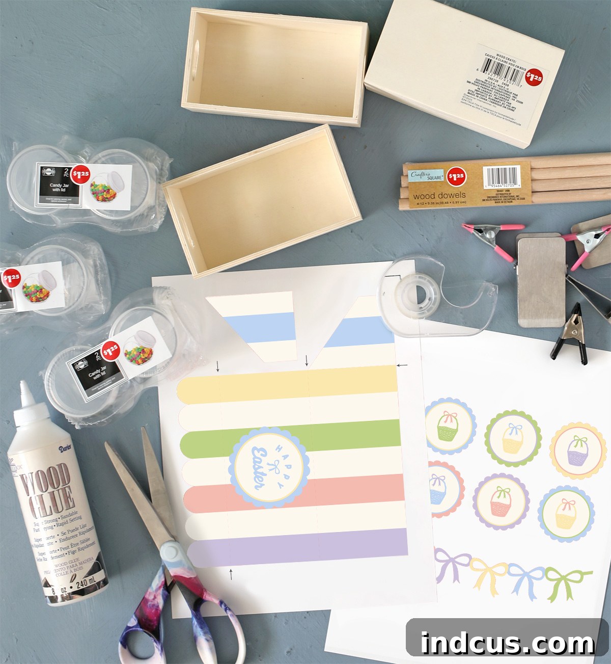 Whip Up Your Easter Candy Haven 3 Essential craft supplies laid out for creating a Dollar Tree candy stand, including wooden crates, dowels, and jars.