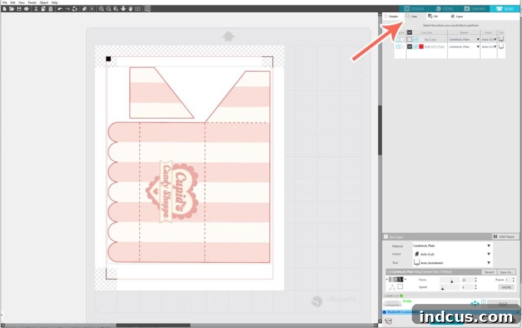 Whip Up Your Easter Candy Haven 6 Silhouette Studio screenshot demonstrating how to select the LINE feature for precise cutting.