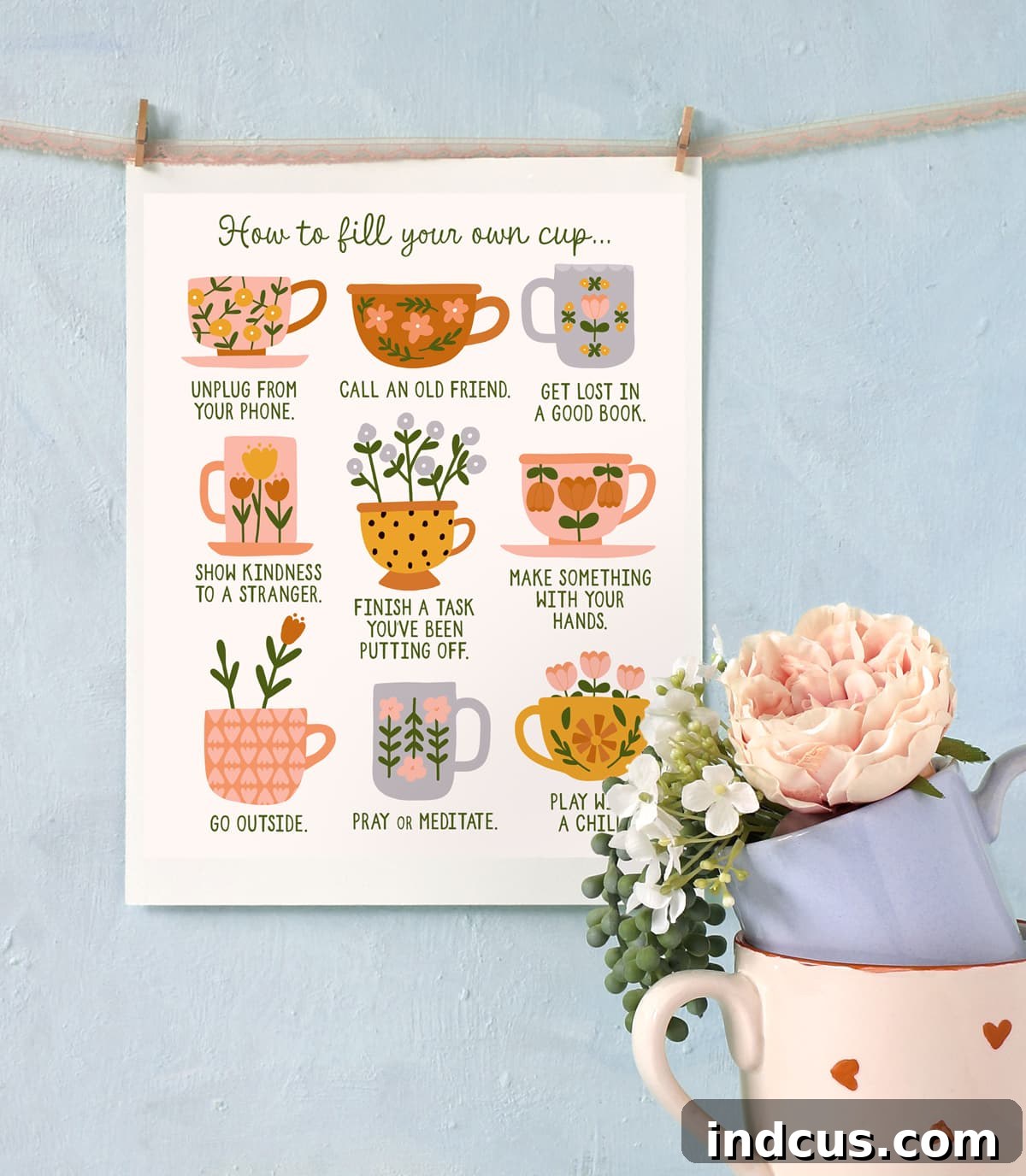 Close-up of 'Fill Your Cup' art print as a daily self-care reminder