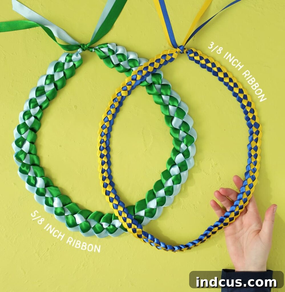Weaving Beautiful Ribbon Leis 4 Comparison of graduation leis made with different ribbon widths