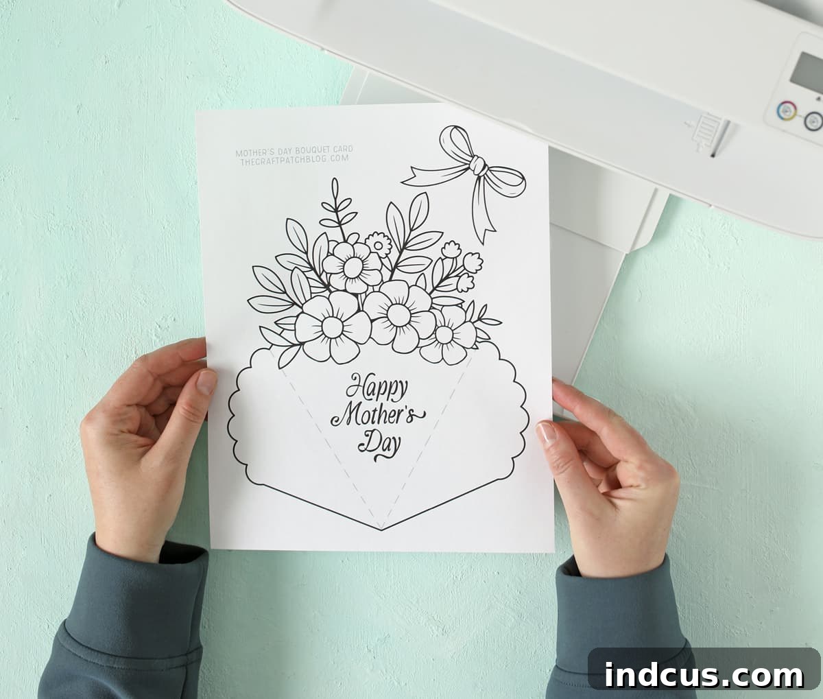 Close-up of the printable Mother's Day bouquet card template on white paper, ready for coloring and cutting.