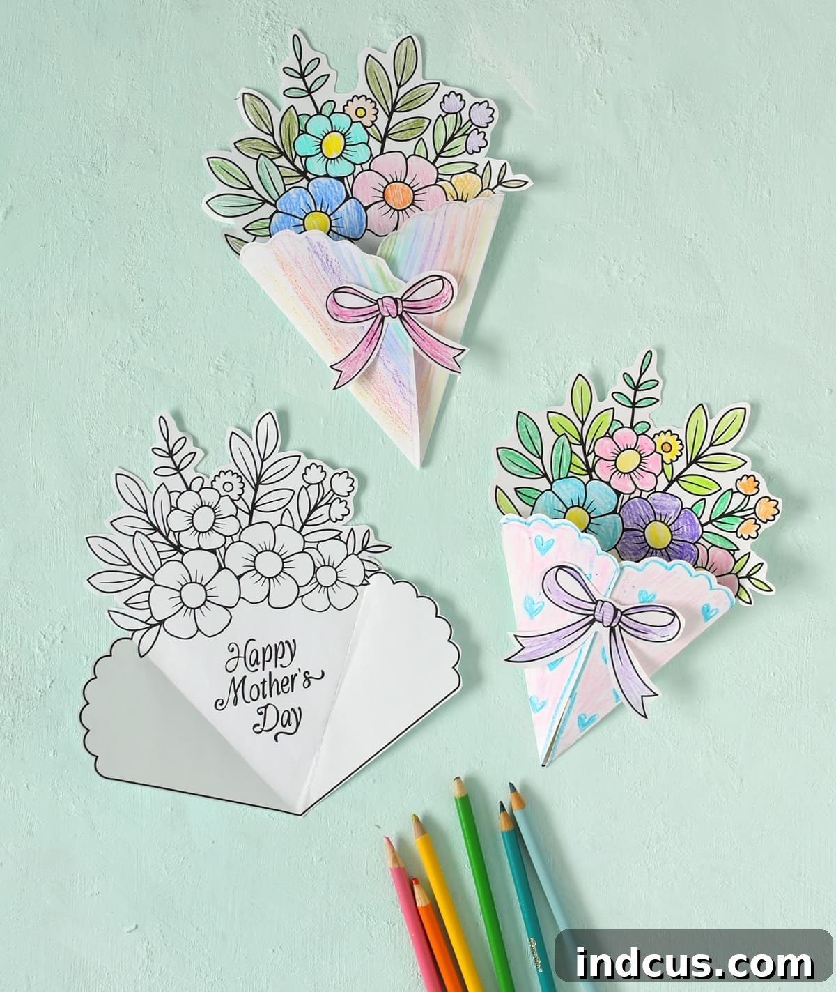 Finished Mother's Day bouquet coloring card craft, closed and ready to be given as a thoughtful handmade gift.