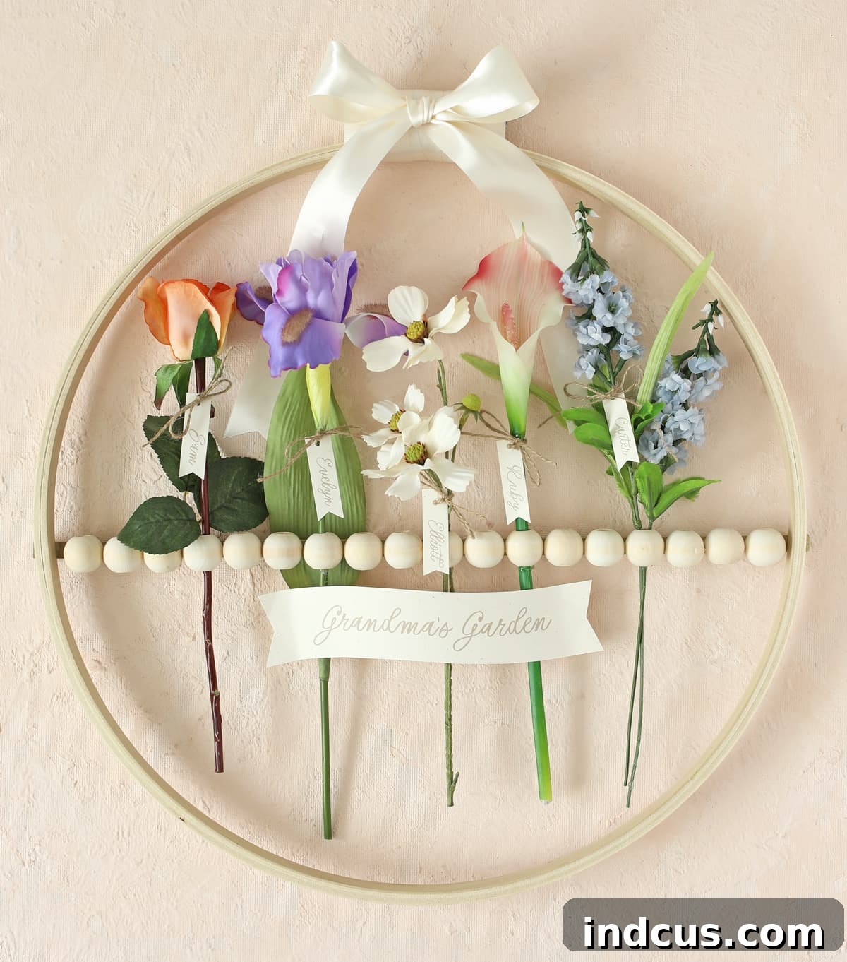 wood bead and hoop floral specimen decoration for home