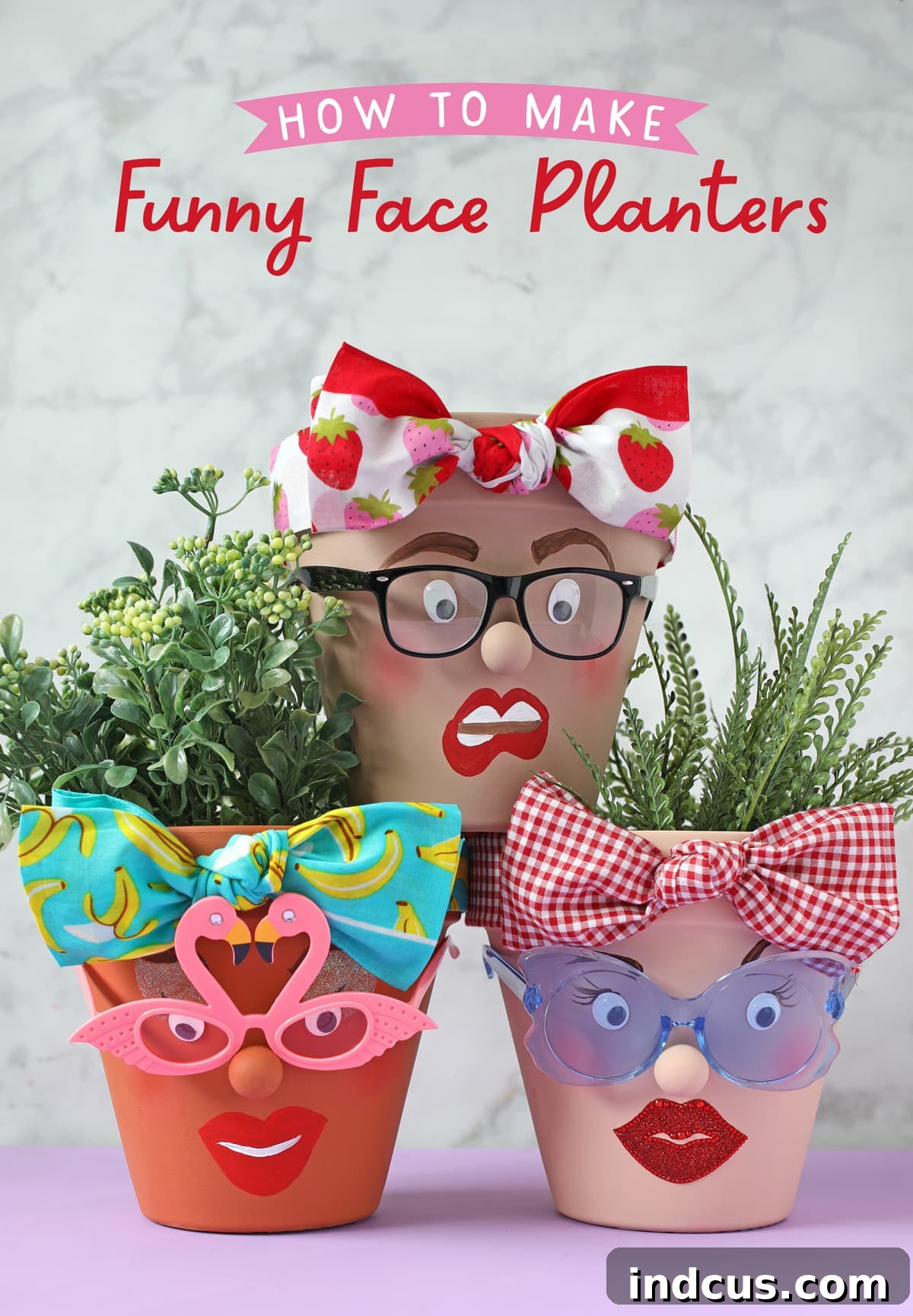 Finished collection of funny face planters with various expressions