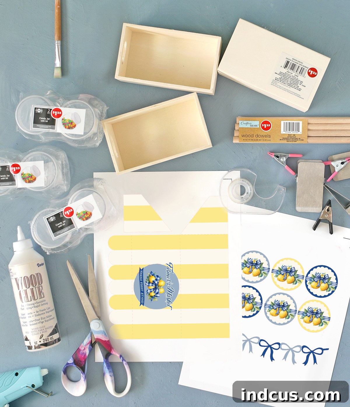 Essential materials needed to make a DIY dollar store candy shop craft