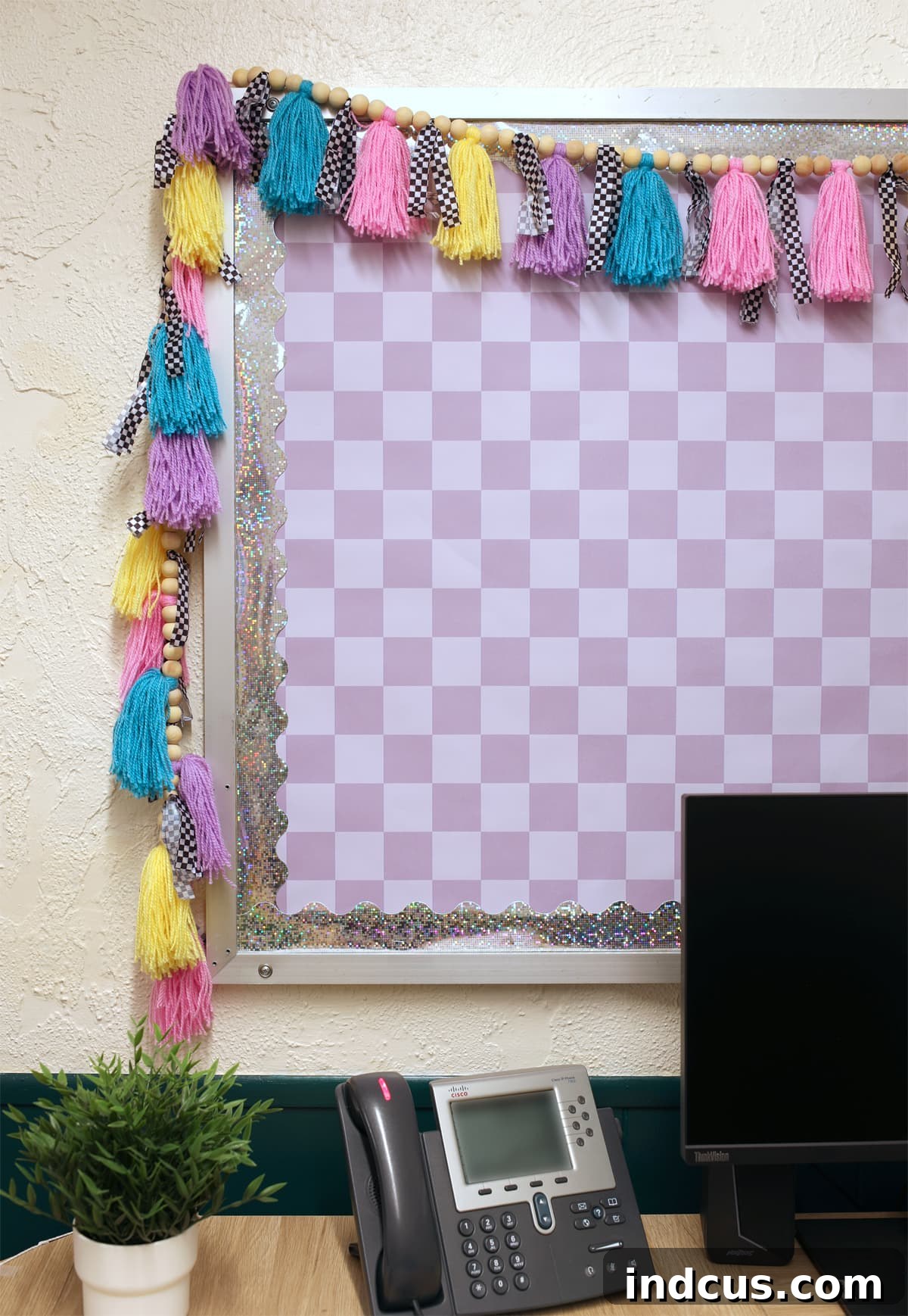 Cute Checkered Bulletin Board with Tassel Garland for School Office Decor