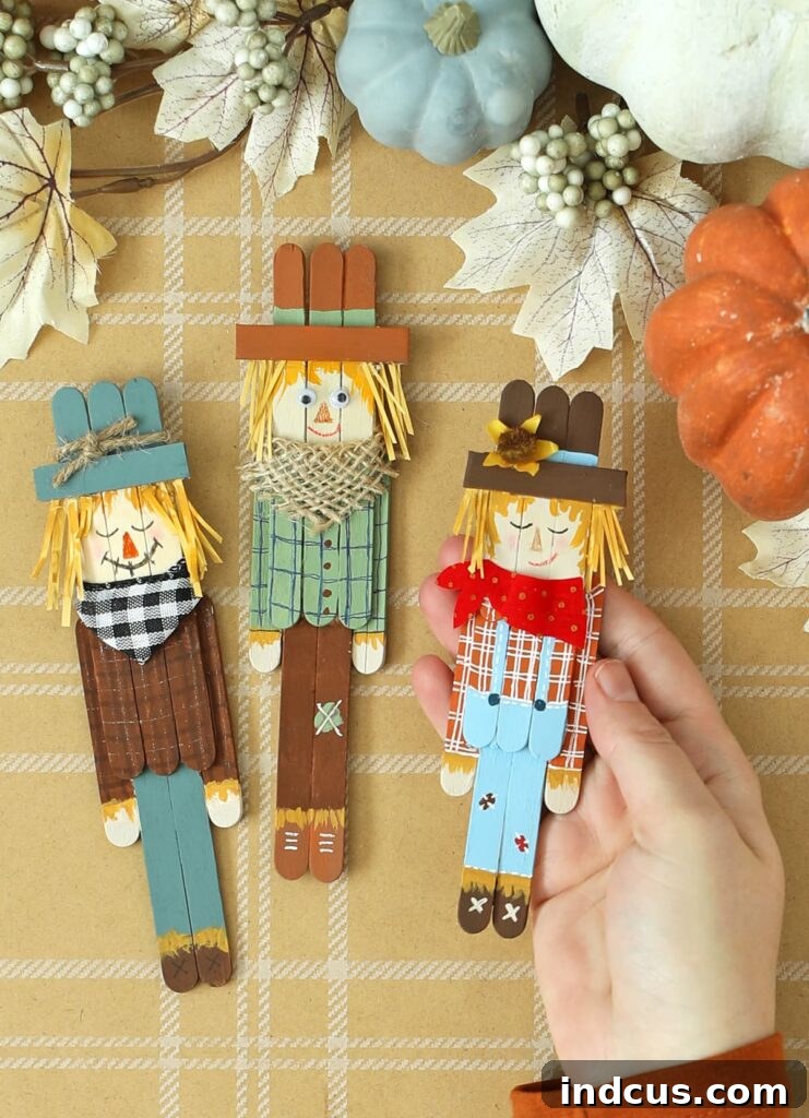 Popsicle stick scarecrow fall craft magnets or garland