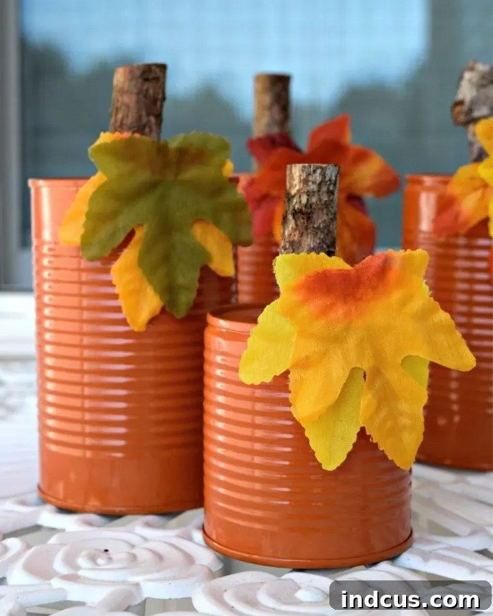 Upcycled tin can pumpkin craft decorations