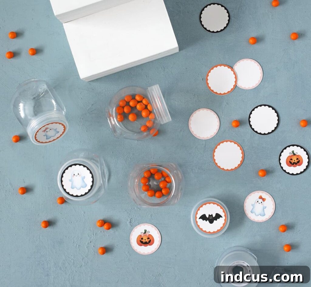DIY Spooky Candy Shop 9 Close-up of Halloween themed candy jar lid labels, adding a charming detail to the mini candy shop