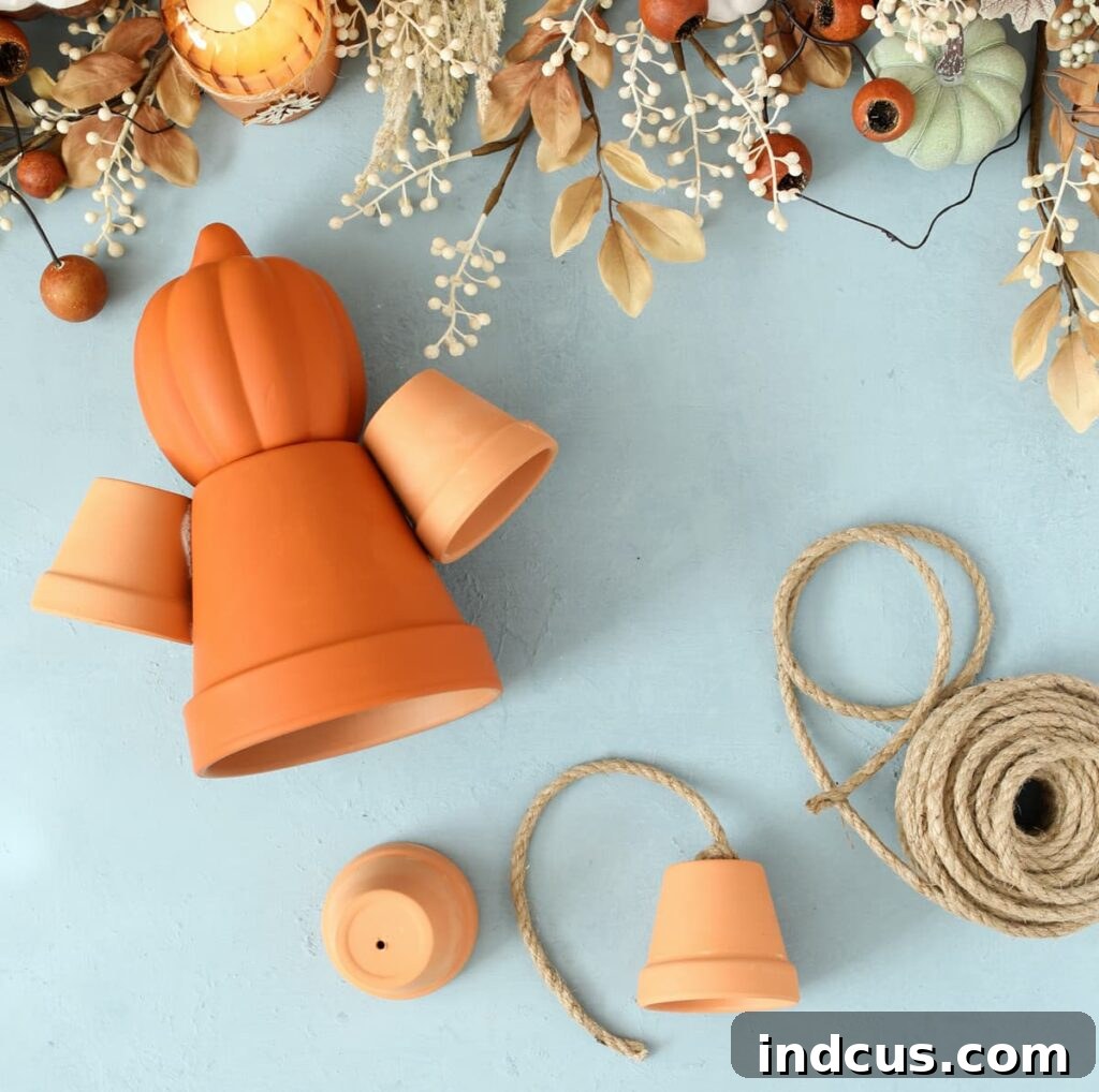 Craft Your Own Clay Pot Scarecrow 5 Attaching clay pot feet and jute cord legs to a scarecrow
