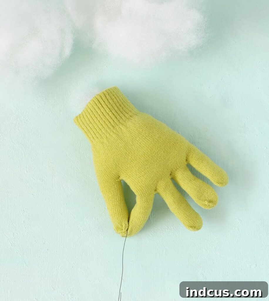 A stuffed green glove with an ornament hook securely glued between the thumb and index finger.