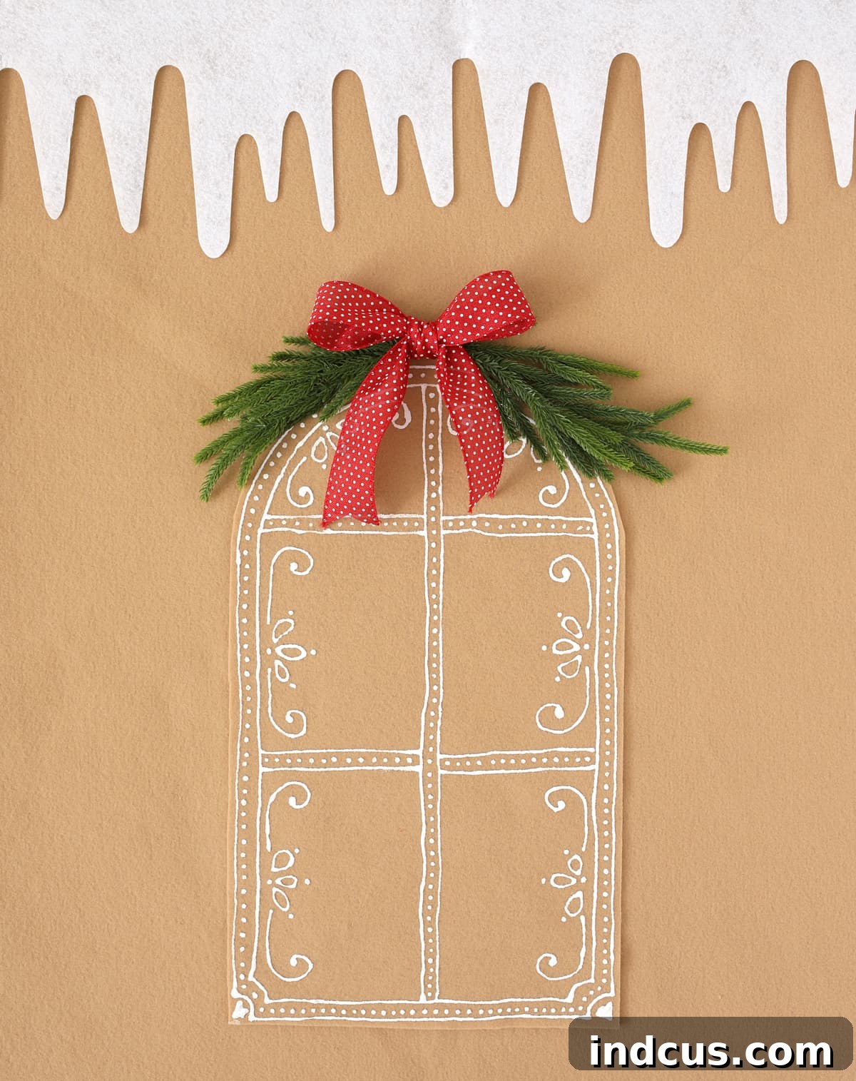 diy felt gingerbread house windows with attached greenery swags