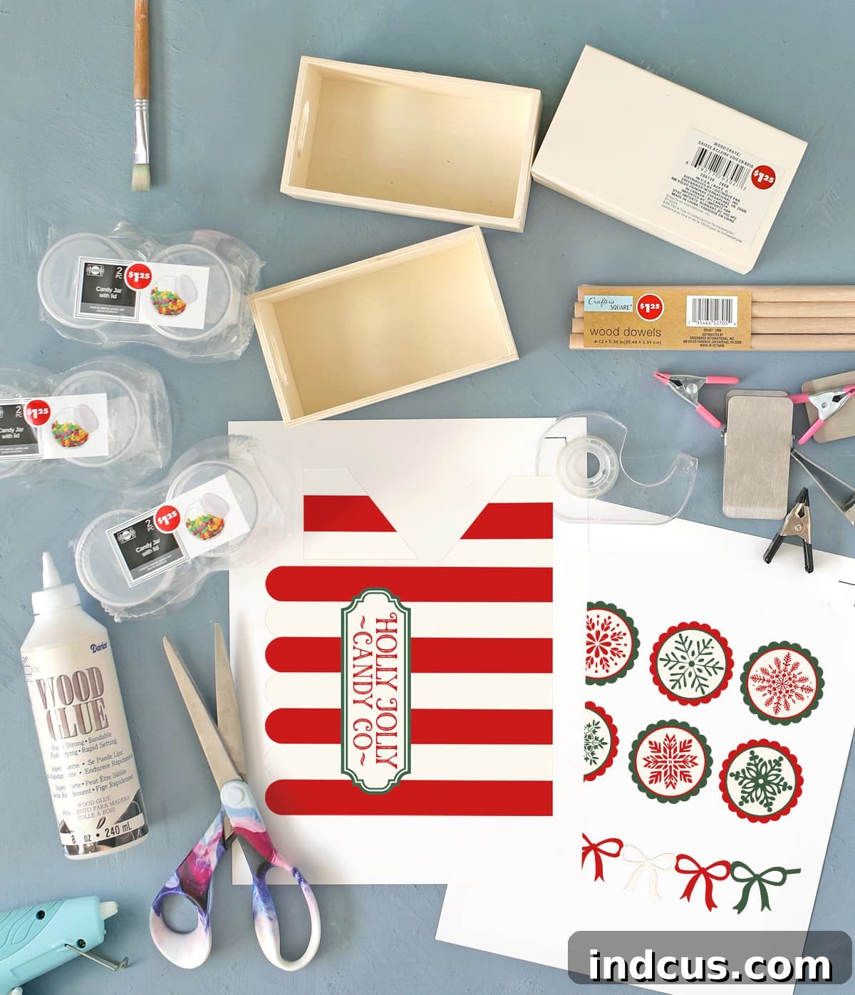 Sweet Christmas Shop Project 3 Essential Dollar Tree craft supplies laid out for building a miniature Christmas candy shop