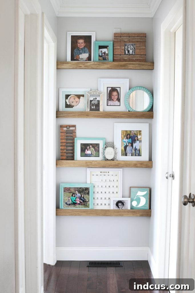 Beautiful floating wall shelves with a picture ledge perfect for narrow spaces.