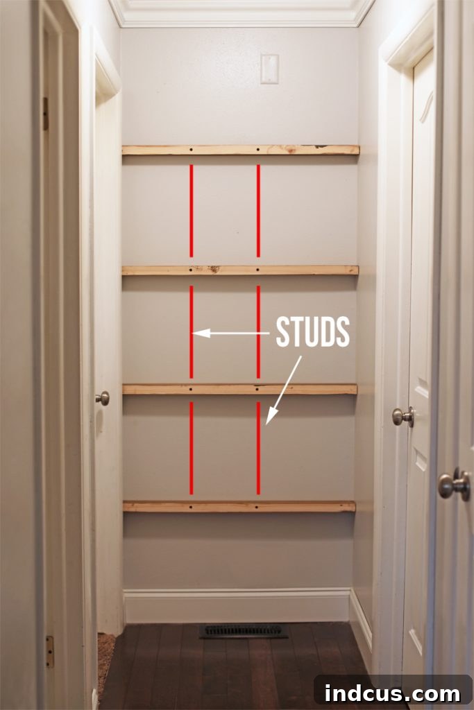 Step-by-step DIY floating shelves construction showing stud markings.