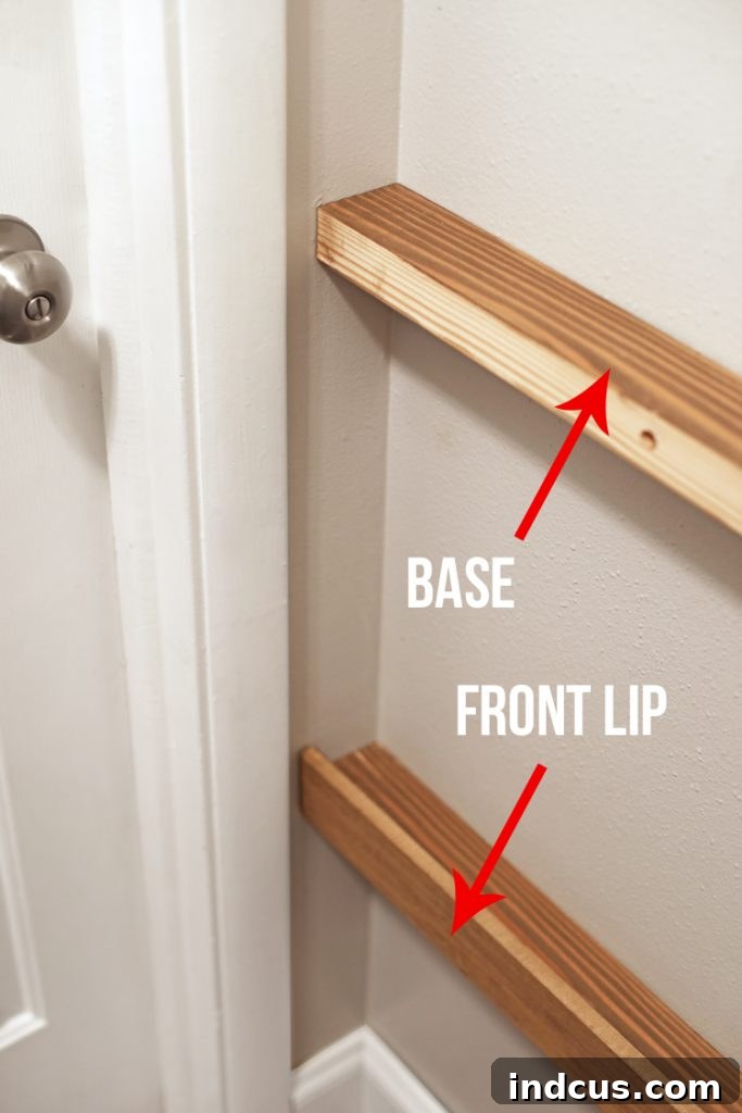 How to build floating shelves showing the attachment of the front lip to create the ledge.