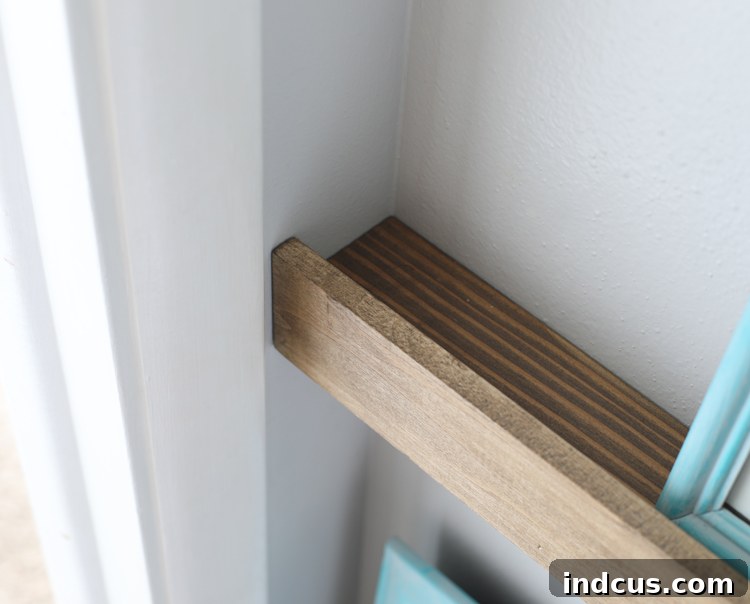 Close-up of how to make narrow floating shelves.