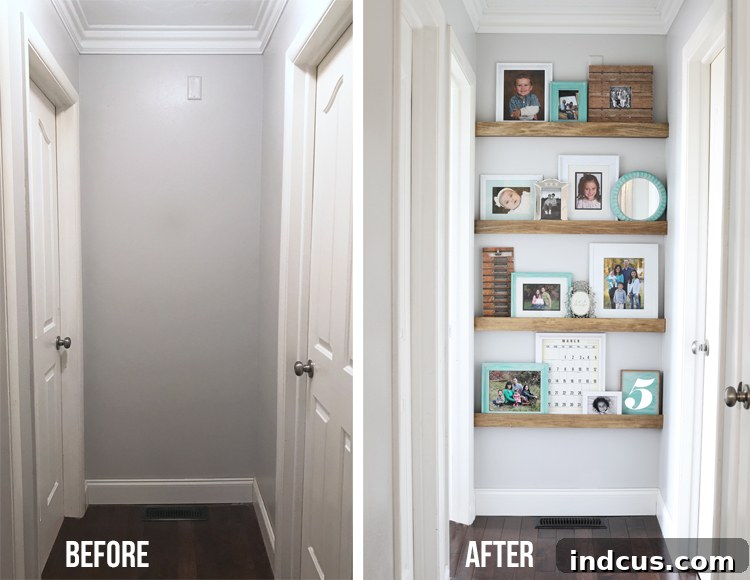 Finished wood floating shelves diy in a hallway.