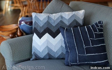 DIY denim throw pillows with chevron pattern