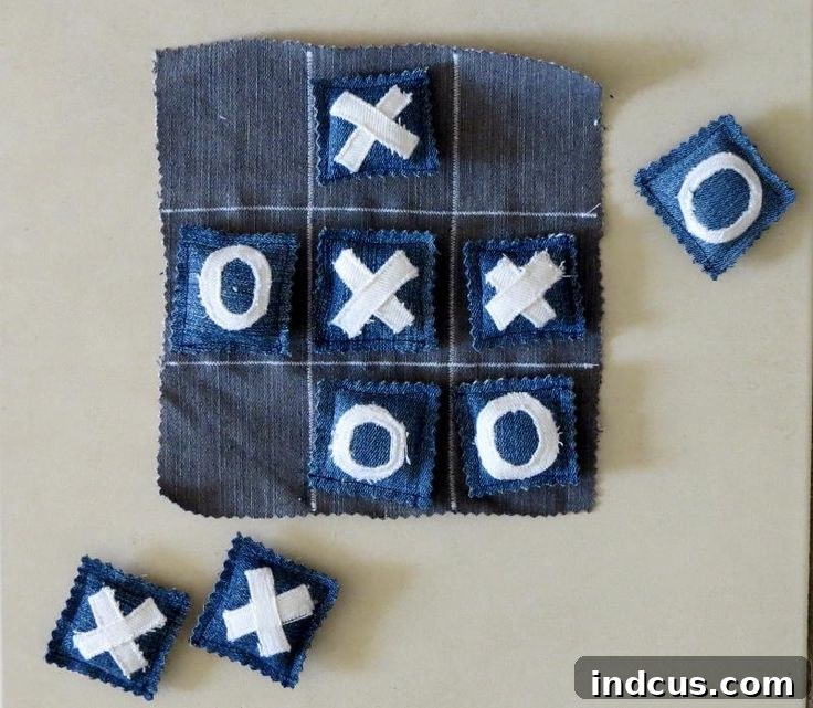 Upcycled denim tic tac toe game for kids