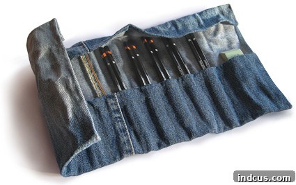 Denim pencil roll organizer