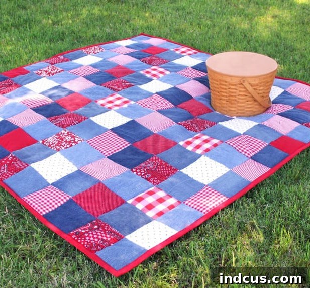 Denim picnic quilt with carry case