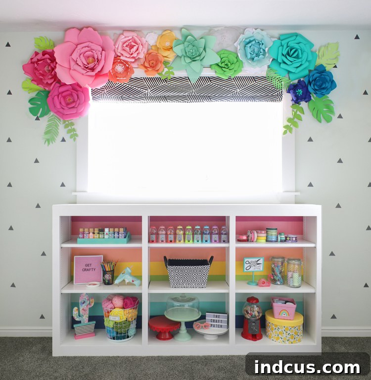 Rainbow painted craft room bookcase for creative storage