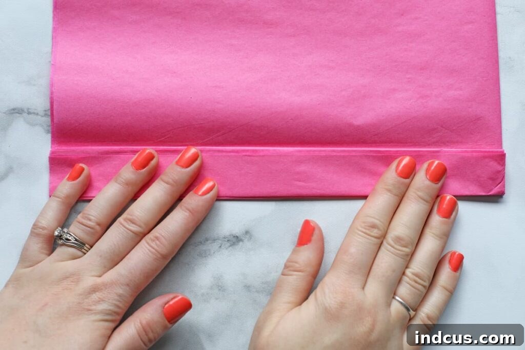 Step 2: Demonstrating the precise accordion folding technique for tissue paper