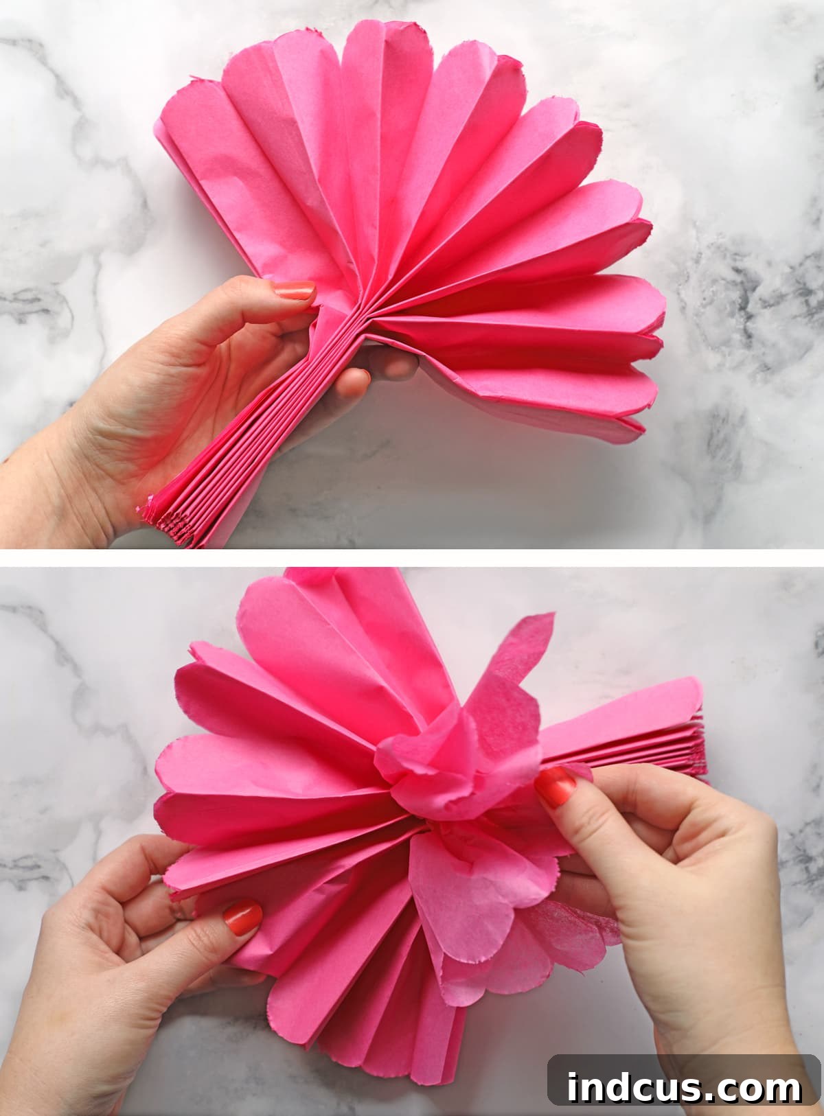 Crafting Delicate Tissue Paper Blooms: A Full Guide 6 Hands gently separating and fluffing layers of tissue paper to form a flower.